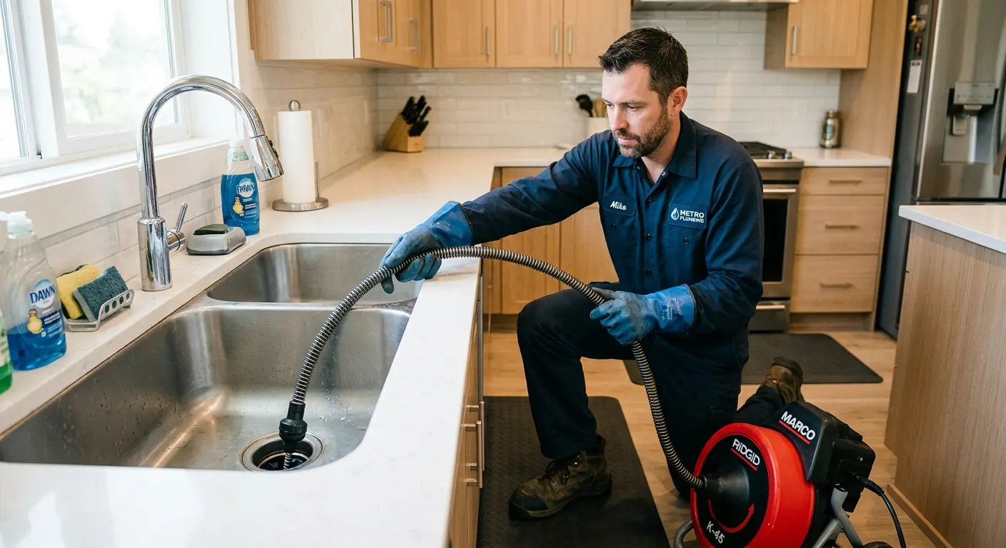 Drain cleaning technician using a motorized snake on a kitchen sink in Spring Hill