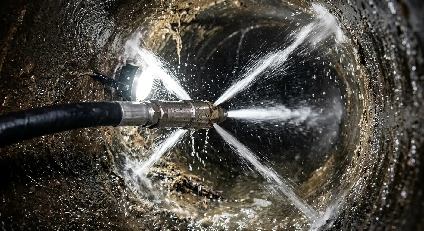 High-pressure hydro jetting nozzle cleaning sewer pipe for Emergency Drain Service in Spring Hill