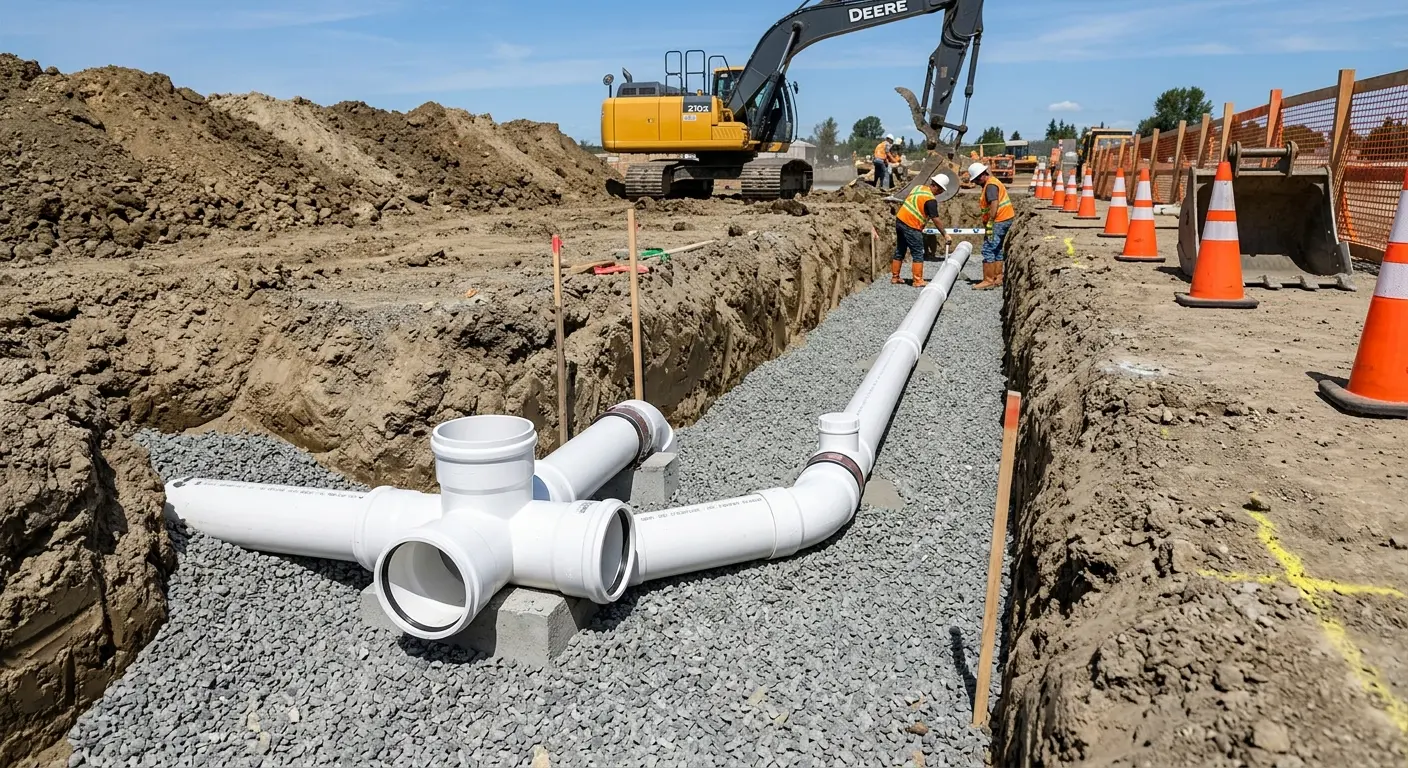 New PVC sewer pipe installation in open trench for Sewer Backup in Spring Hill