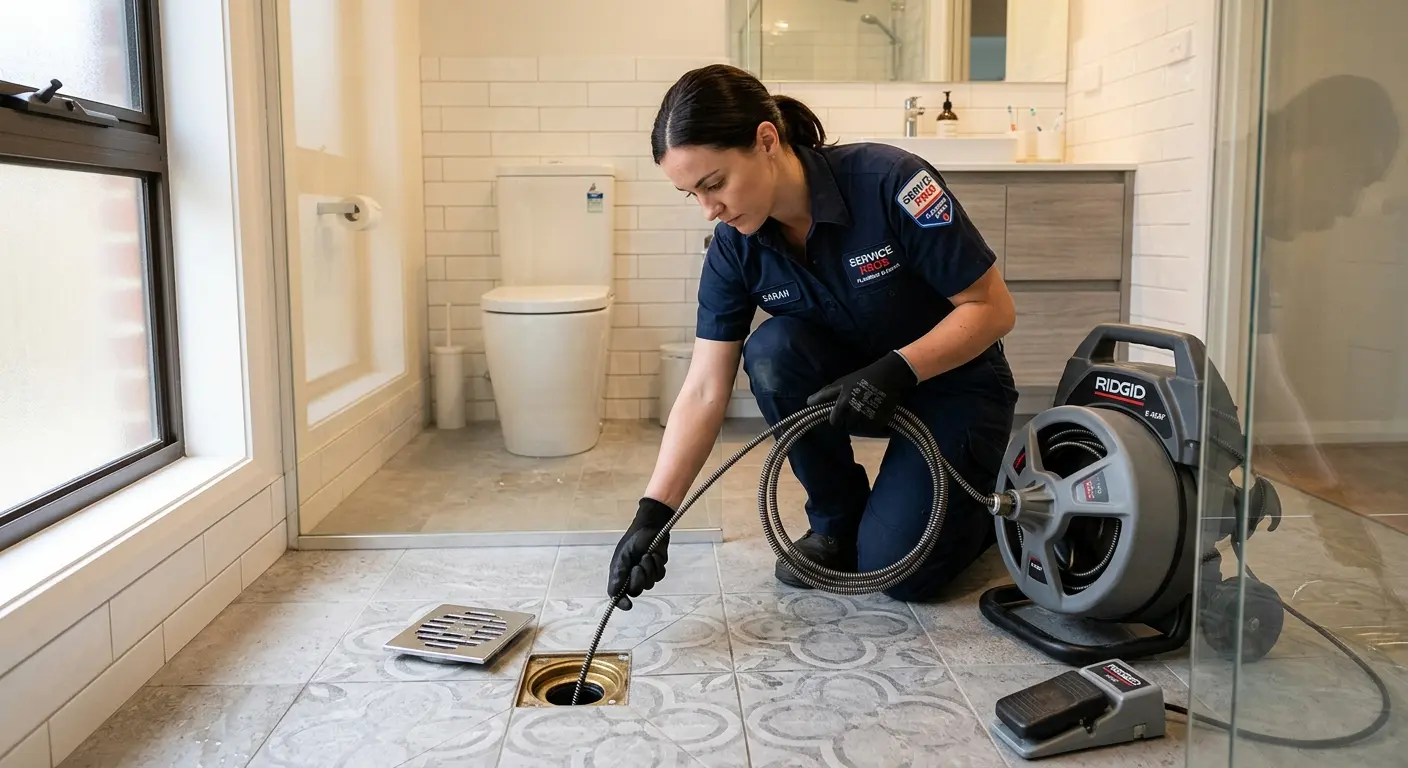 Technician clearing a bathroom floor drain for Drain Cleaning in Spring Hill
